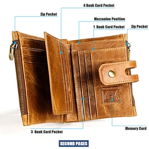 Détail du portefeuille en cuir marron pour hommes avec fentes cartes et double zip