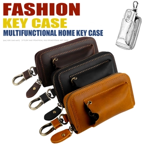 Three colors of genuine leather car key bags with zipper closure and metal hooks