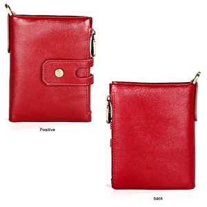 Vue avant et arrière du portefeuille en cuir rouge avec bouton pression et fermeture