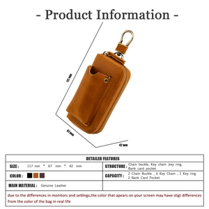 Genuine leather key case dimensions 117x67x42mm featuring 6 hooks and card slots
