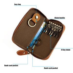 Interior detail of leather car key bag showing 6 hooks, key ring, and card slots
