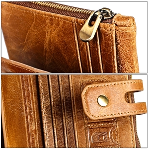 Vue détaillée du portefeuille en cuir marron avec fermeture éclair et coutures soignées