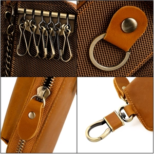Detail view of retro brown leather key pouch with 6 metal hooks and swivel clip