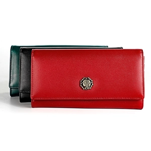 Women RFID leather wallets in red, black, and green with vintage metal rose decoration