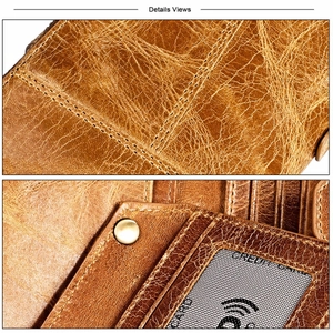 Détail d'un portefeuille en cuir marron vintage avec protection RFID et bouton pression