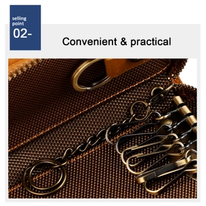 Macro detail of brown leather key case interior with vintage bronze metal hooks