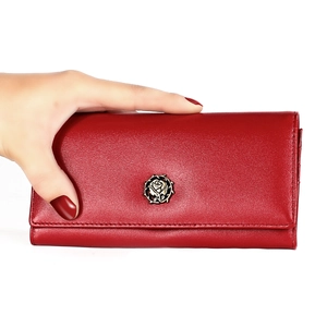 Women's long RFID leather wallet in deep red pebble grain with a rose metal clasp