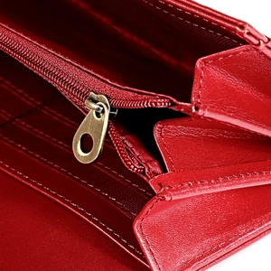 Red RFID leather wallet interior with multiple card slots and zipper compartment