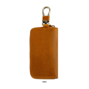 Back view of brown genuine leather key pouch with zipper and bronze lobster clasp