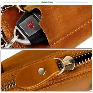 Macro view of genuine brown leather texture and vintage bronze zipper on car key pouch