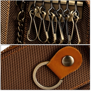 Detail of vintage bronze key hooks and high-density woven fabric on leather key pouch