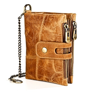 Portefeuille Homme Cuir Véritable Blocage RFID Double Fermeture Éclair Chaîne Antivol Rétro Court Porte Cartes