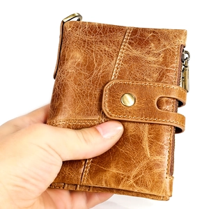 Portefeuille RFID vintage en cuir marron pour homme avec chaîne et double fermeture éclair