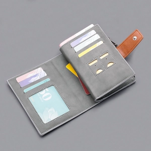 Grey canvas bifold wallet for men with multi-card slots and brown snap closure