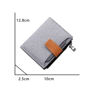 Men's short canvas wallet with leather buckle and zipper closure in grey, 12.8x10cm size