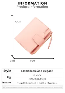Short pink faux leather wallet dimensions 12x9x2cm with 15 card slots and zipper