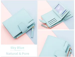 Sky blue short trifold wallet for women with zipper pocket and multi-card slots detail