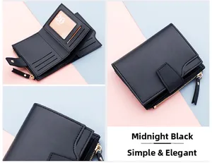 Internal details of black tri-fold wallet showing card slots and zipper pocket