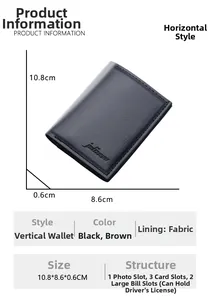 Slim vertical men wallet detail showing dimensions 10.8x8.6x0.6cm and interior card slots