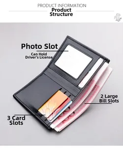 Detail view of black bi-fold wallet interior with card slots and transparent ID window