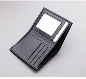 Internal view of minimalist black bifold wallet showing card slots and ID window