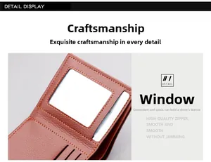 Detail of slim brown leather wallet showing transparent ID window and orange stitching