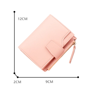 Pink short PU leather wallet with zipper pocket and button closure, size 12cm x 9cm x 2cm