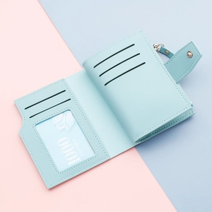 Short tri-fold women's wallet in mint blue PU leather with zipper and card slots