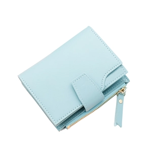 Short light blue PU leather wallet for women with zipper pocket and snap button closure