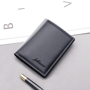 Men Bifold Wallet PU Leather Lychee Pattern Ultra Thin Short Card Holder ID Window Business Minimalist