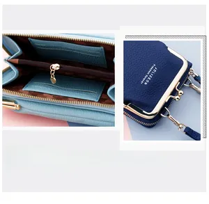 Dettaglio mini borsa a tracolla in pelle martellata con scomparti per carte e cerniera lampo
