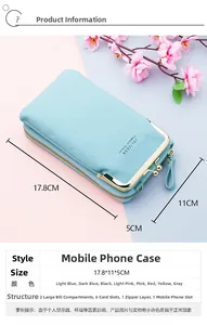 Dettaglio borsa porta cellulare in pelle azzurra con chiusura dorata e zip in metallo