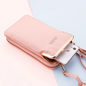 Borsa a tracolla rosa per cellulare in pelle litchi con chiusura in metallo dorato