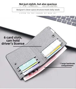 Gray canvas slim wallet detail showing 6 card slots and driver license pocket
