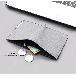 Detailed view of grey canvas wallet featuring a functional internal zipper compartment