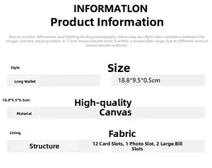 Slim canvas long wallet layout with 12 card slots and detailed size specifications