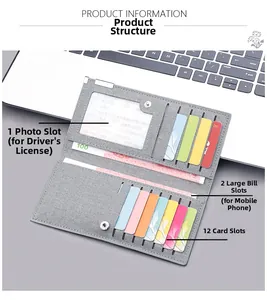 Slim grey canvas long wallet with 12 card slots and large compartments for mobile phones