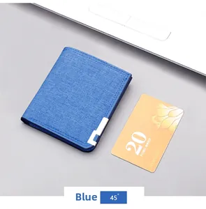 Detail of blue canvas slim wallet with reinforced stitching and silver decorative button