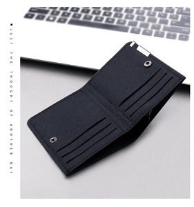 Detail view of ultra-thin canvas wallet with multiple card slots and metal snap closure