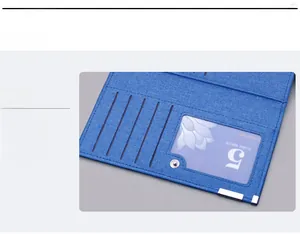 Detail view of navy canvas long wallet showing internal card slots and ID window