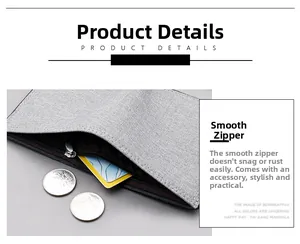 Detail of grey canvas coin purse showing smooth metal zipper and internal storage space