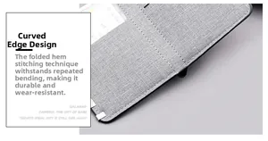 Detailed view of the curved edge and durable stitching on the gray canvas wallet