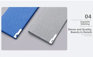 Close-up of meticulous stitching and metal corner protectors on blue and grey canvas wallets