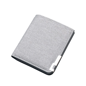 Slim grey canvas bifold wallet for men with silver metal accent and white stitching