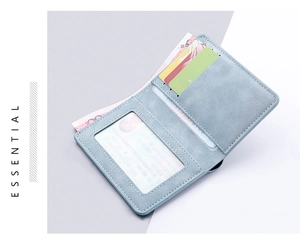 Detail view of light blue slim wallet showing card slots, ID window and bill compartment