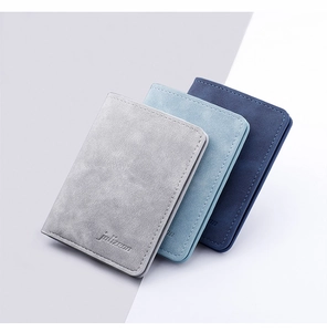 Three slim vertical leather wallets in grey and blue tones with minimalist stitching