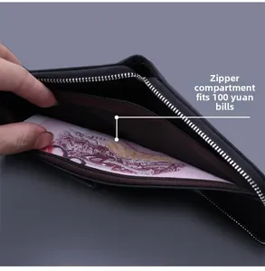 Detail of the internal zipper compartment showing capacity for large bills in canvas wallet
