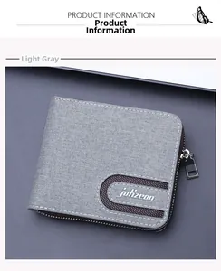 Close-up of light grey canvas zipper wallet showing durable woven texture and brand logo