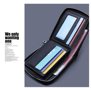 Detailed view of black zip-around canvas wallet with multi-card slots and clear ID window