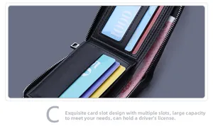 Detail of zippered canvas wallet featuring multiple card slots and a clear ID window